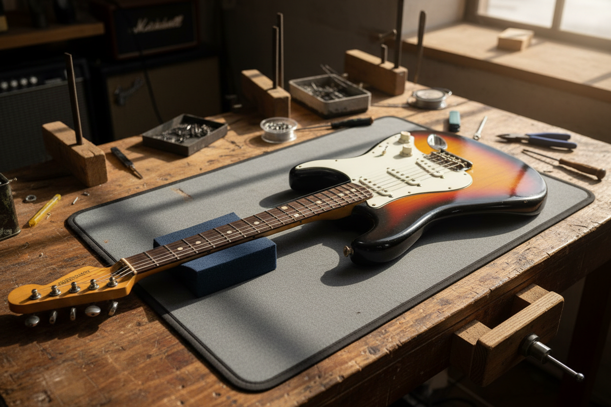 when i said on a bench I meant workbench and place a mat under the guitar and afelt pad under the neck near the nut end